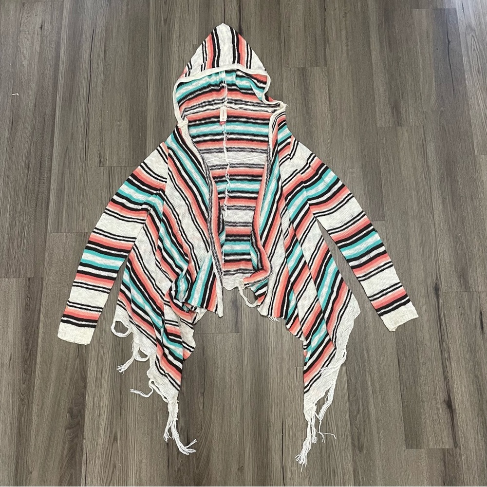Striped Fringe Hem Hooded Cardigan